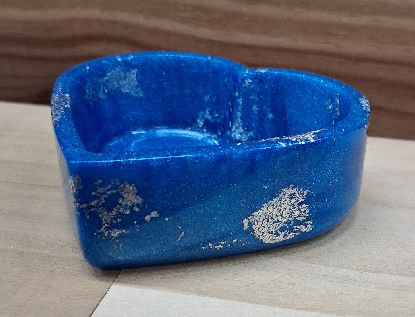 Handmade Resin Blue with Silver Tone Metal Leaf Accents Heart Dish Four Piece Set
