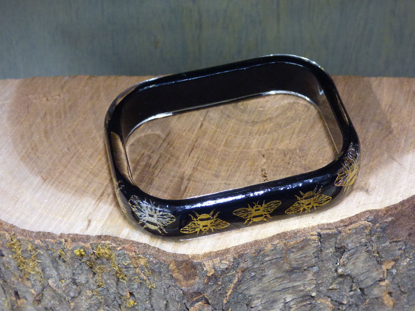 Handmade Rectangle Gold Bee Ribbon and Resin Bangle Bracelet