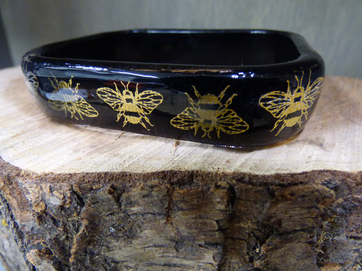 Handmade Rectangle Gold Bee Ribbon and Resin Bangle Bracelet