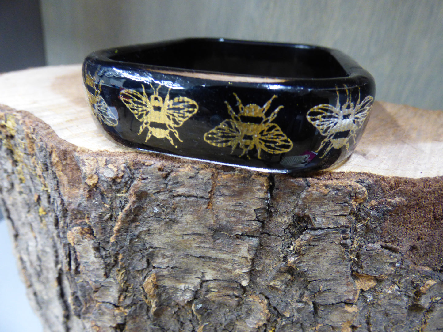 Handmade Rectangle Gold Bee Ribbon and Resin Bangle Bracelet