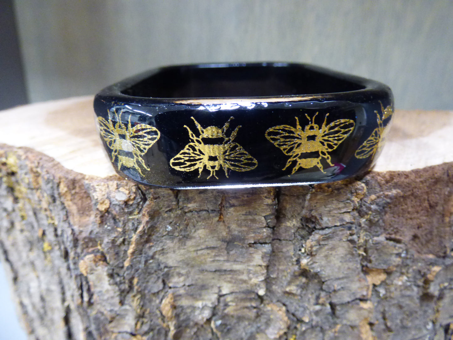Handmade Rectangle Gold Bee Ribbon and Resin Bangle Bracelet