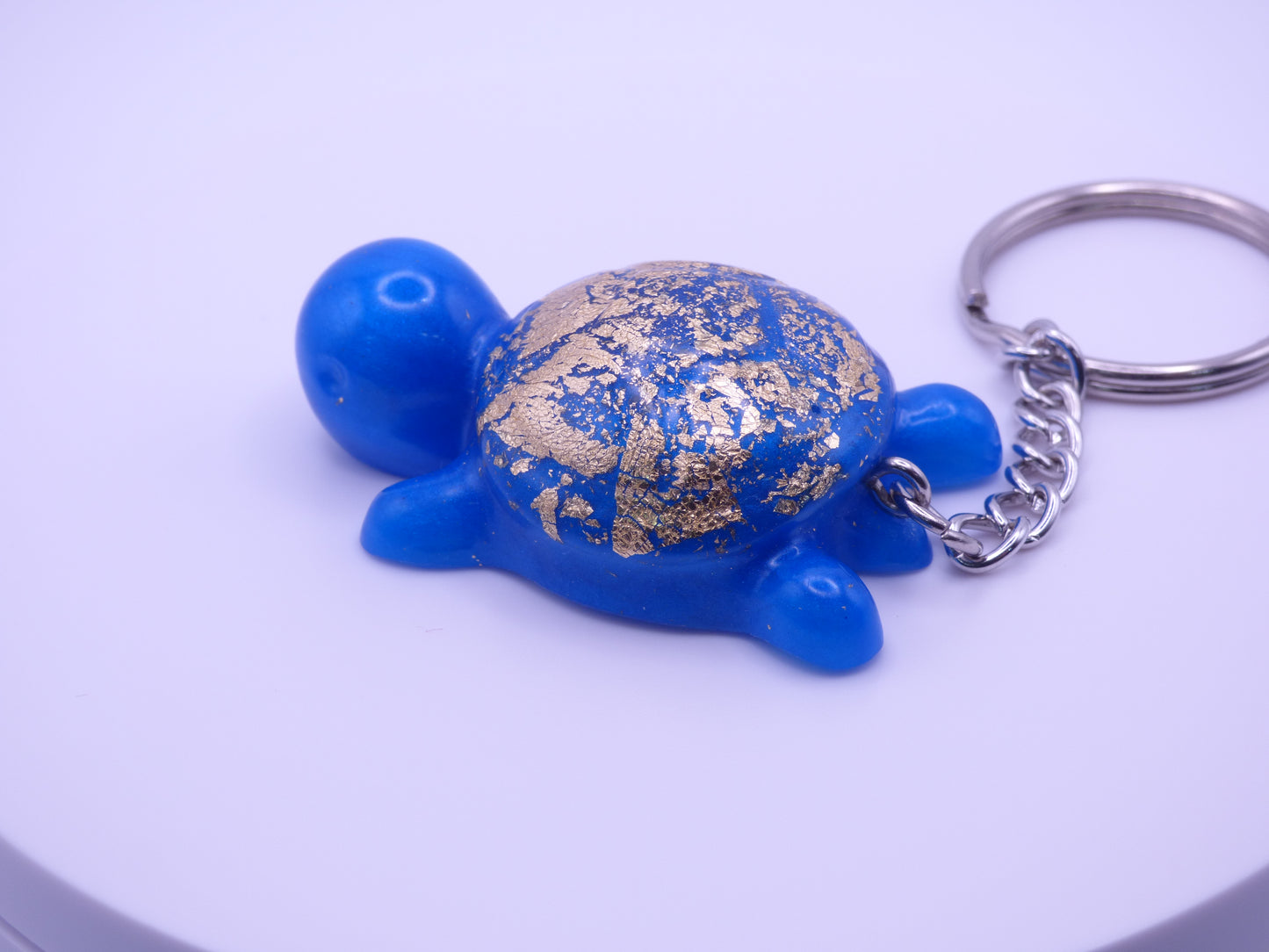 Handmade Resin Mini Turtle Keychain Blue with Gold Tone Metal Leaf