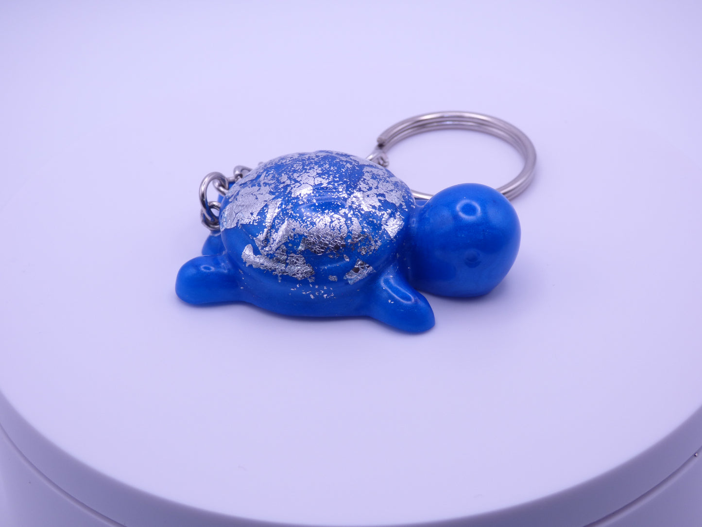 Handmade Resin Mini Turtle Keychain Blue with Silver Tone Metal Leaf