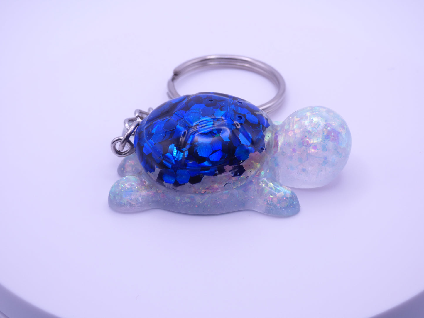 Handmade Resin Mini Turtle Keychain Iridescent White Chunky Glitter & Blue Chunky Glitter Shell