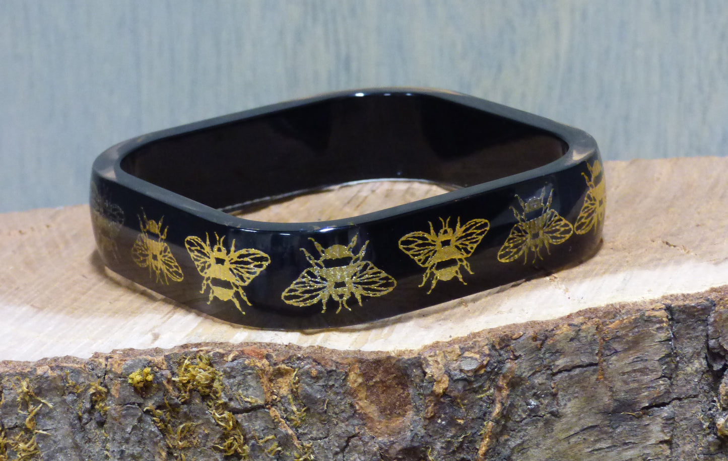Handmade Square Gold Bee Ribbon and Resin Bangle Bracelet