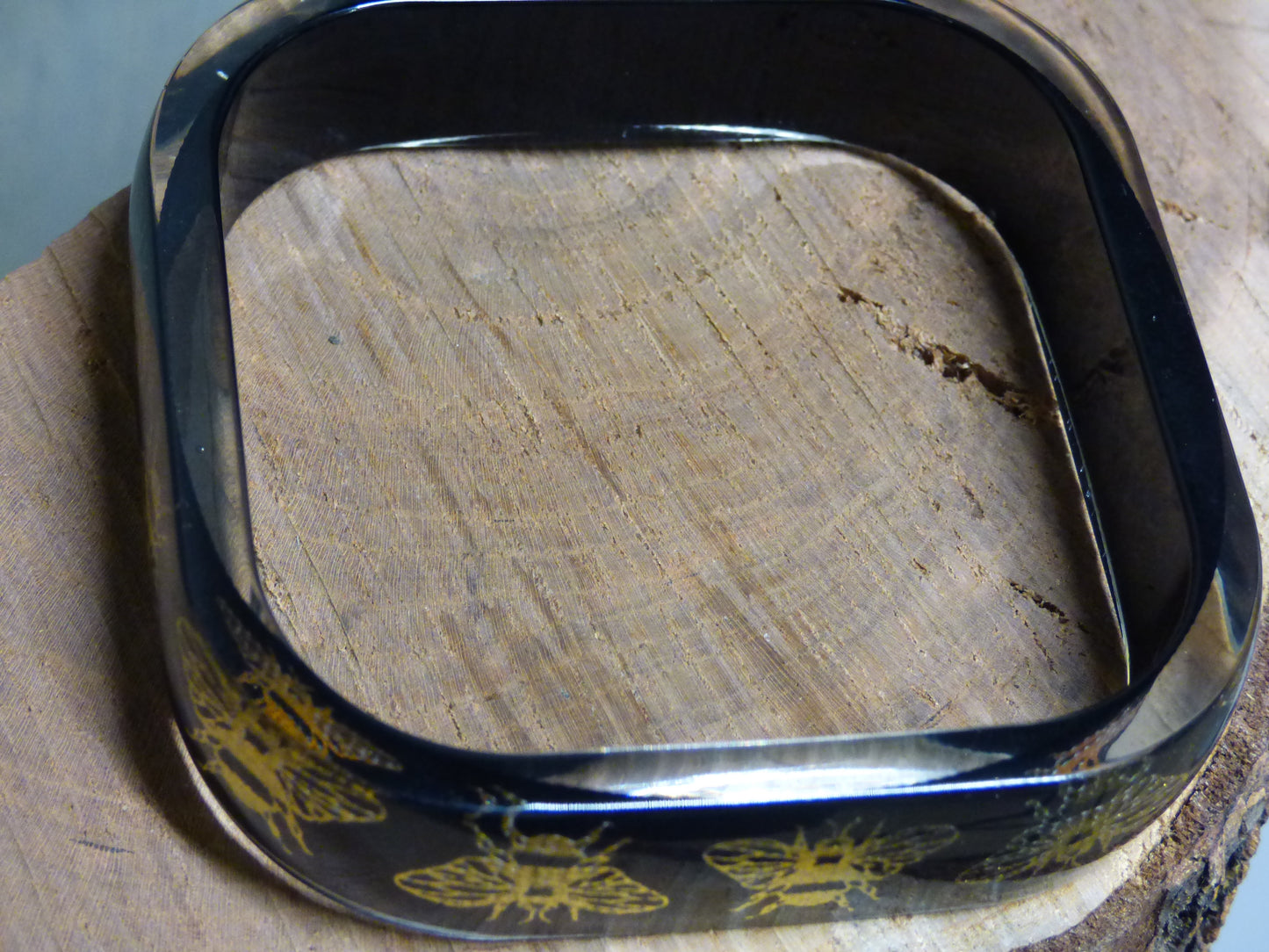 Handmade Square Gold Bee Ribbon and Resin Bangle Bracelet