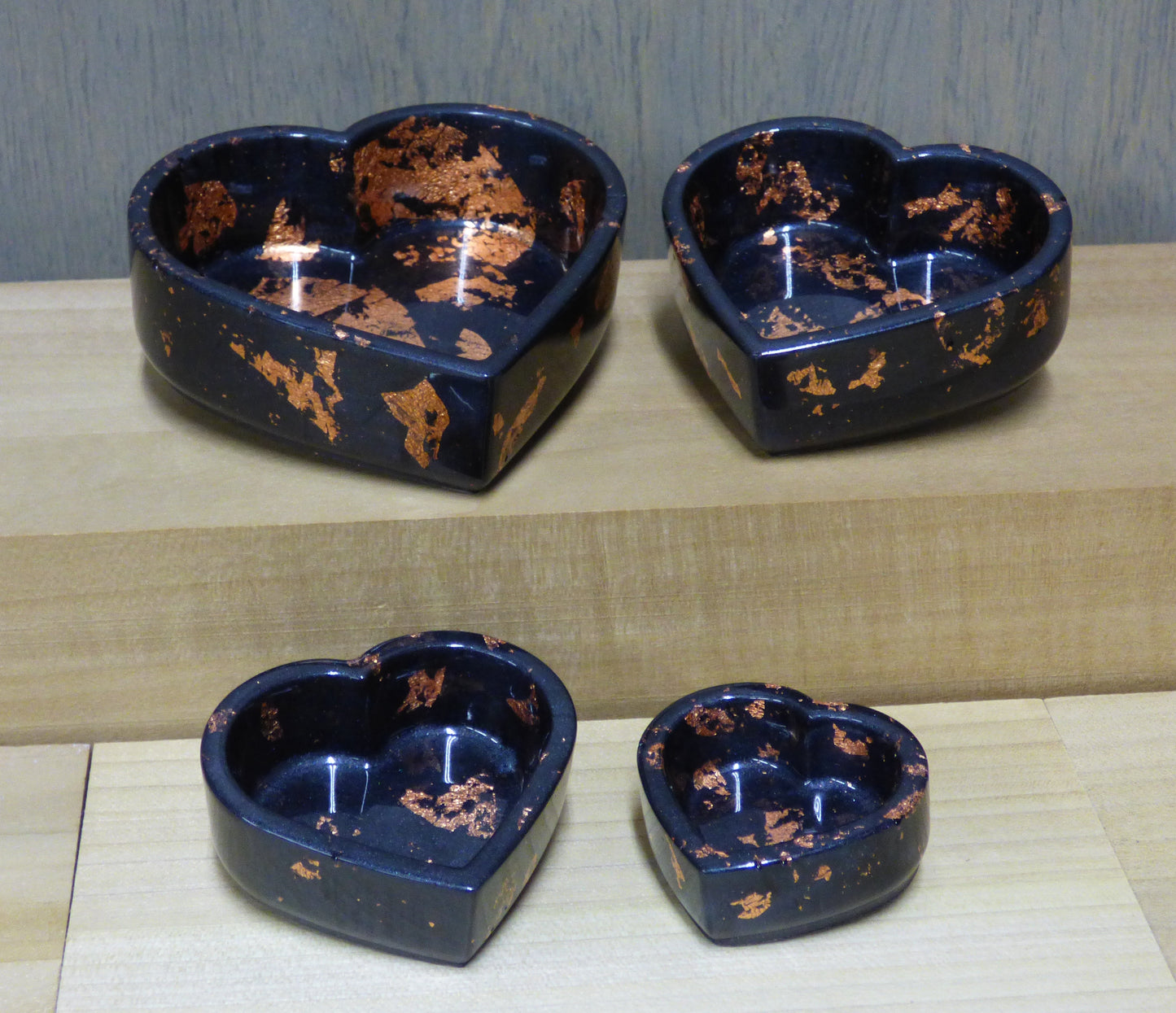 Handmade Resin Silver Black with Copper Tone Leaf Accents Heart Dish Four Piece Set