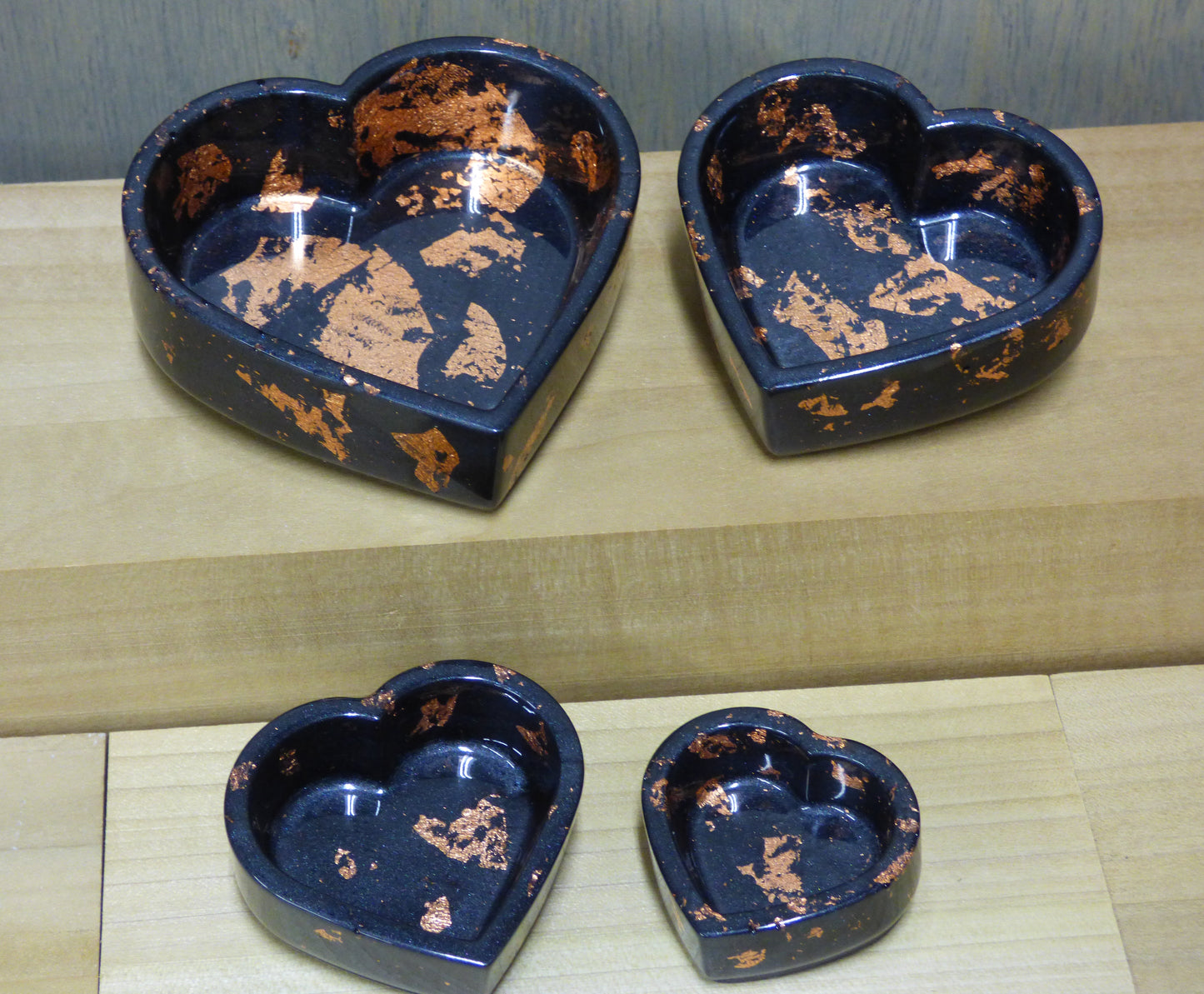 Handmade Resin Silver Black with Copper Tone Leaf Accents Heart Dish Four Piece Set