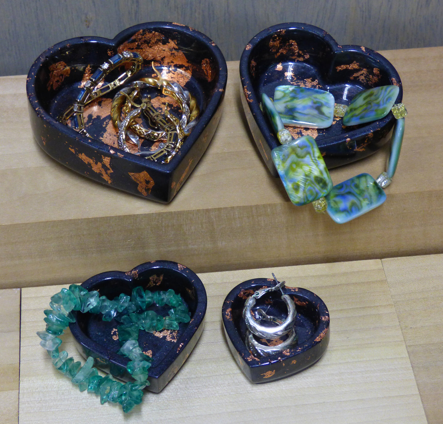 Handmade Resin Silver Black with Copper Tone Leaf Accents Heart Dish Four Piece Set