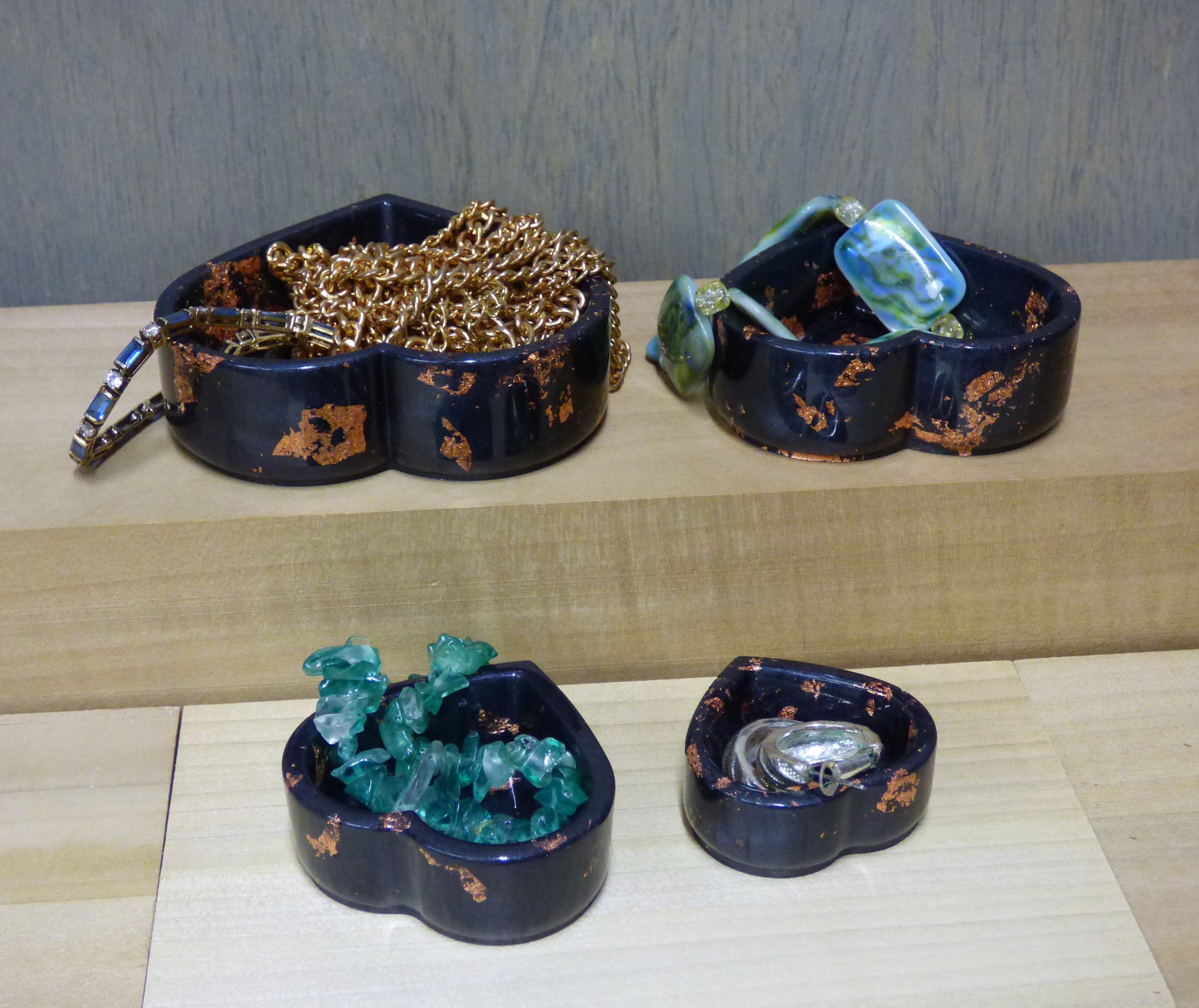 Handmade Resin Silver Black with Copper Tone Leaf Accents Heart Dish Four Piece Set