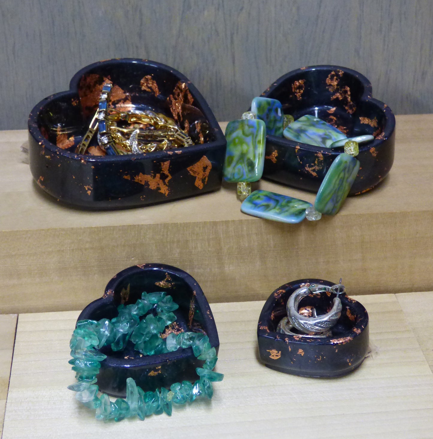 Handmade Resin Silver Black with Copper Tone Leaf Accents Heart Dish Four Piece Set