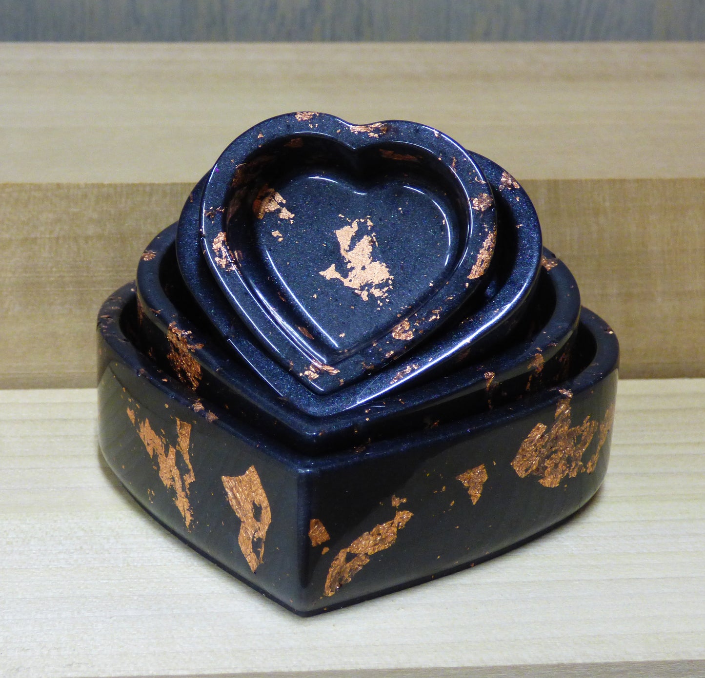 Handmade Resin Silver Black with Copper Tone Leaf Accents Heart Dish Four Piece Set