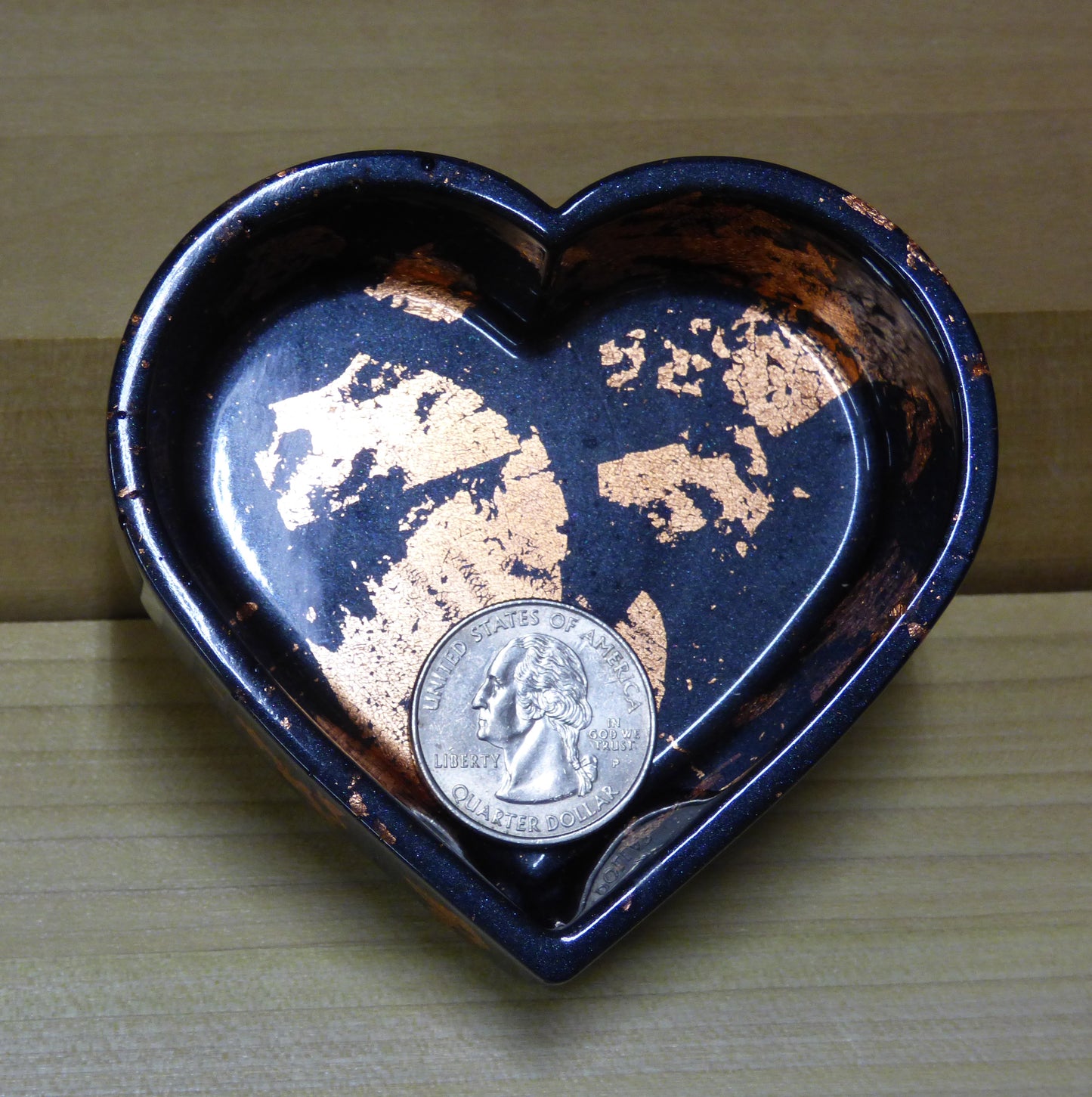 Handmade Resin Silver Black with Copper Tone Leaf Accents Heart Dish Four Piece Set