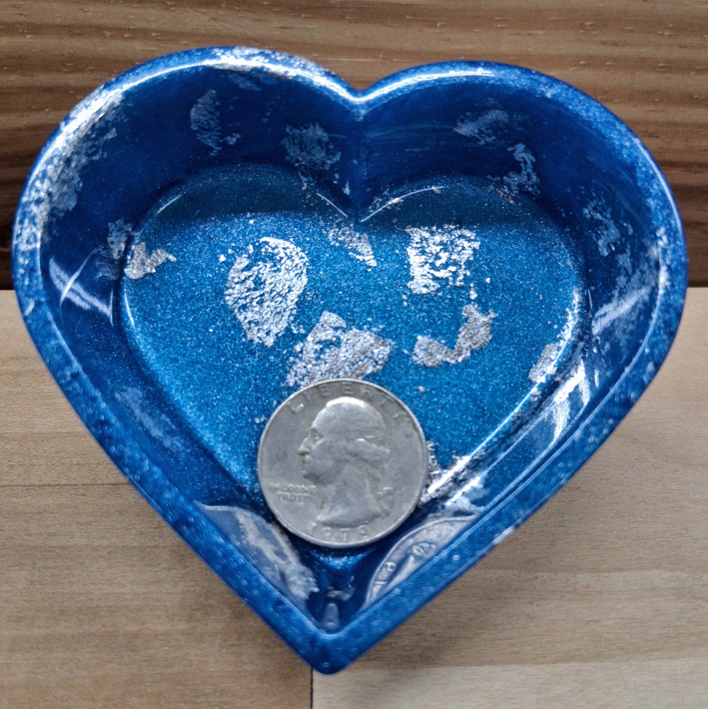 Handmade Resin Blue with Silver Tone Metal Leaf Accents Heart Dish Four Piece Set