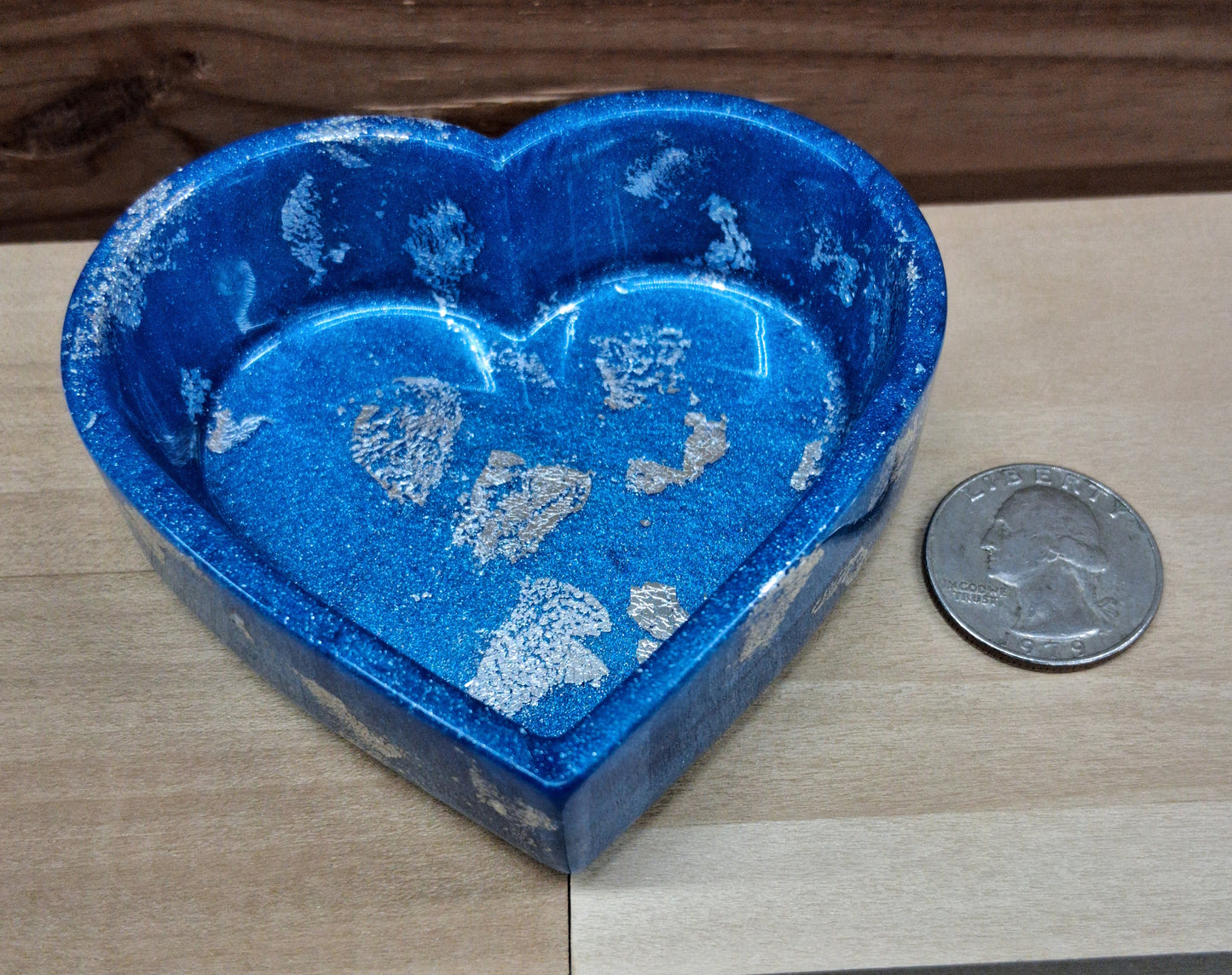 Handmade Resin Blue with Silver Tone Metal Leaf Accents Heart Dish Four Piece Set
