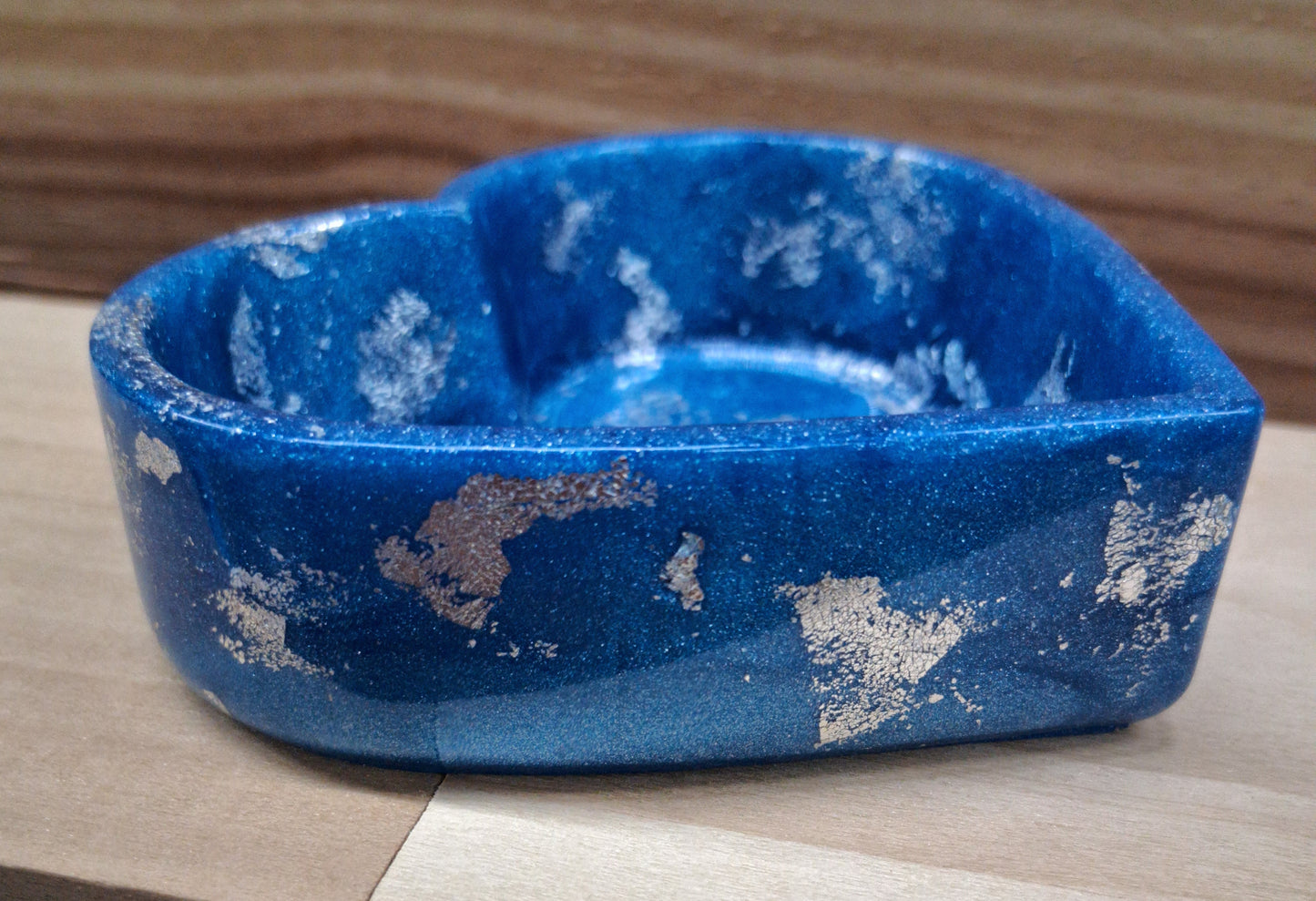 Handmade Resin Blue with Silver Tone Metal Leaf Accents Heart Dish Four Piece Set
