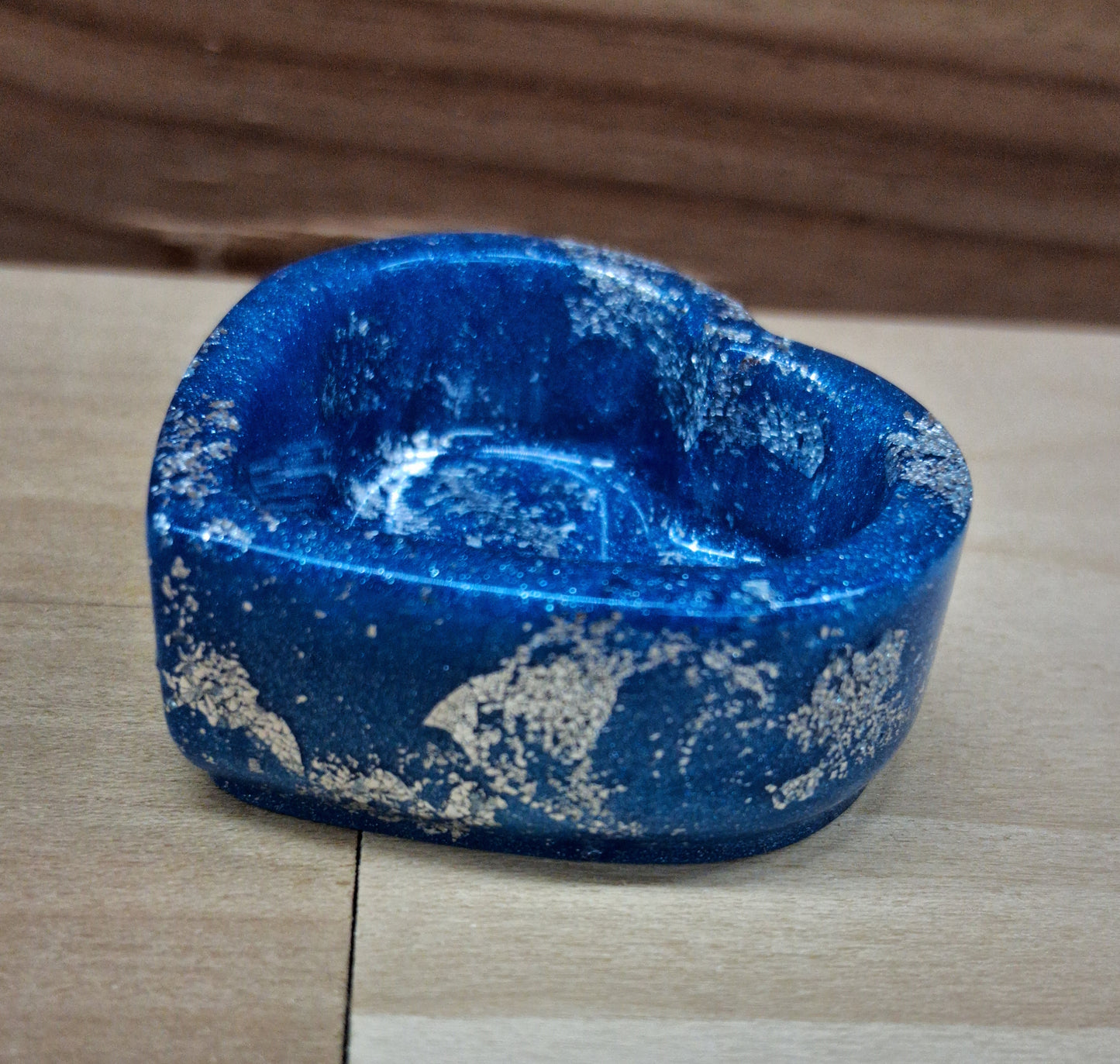 Handmade Resin Blue with Silver Tone Metal Leaf Accents Heart Dish Four Piece Set
