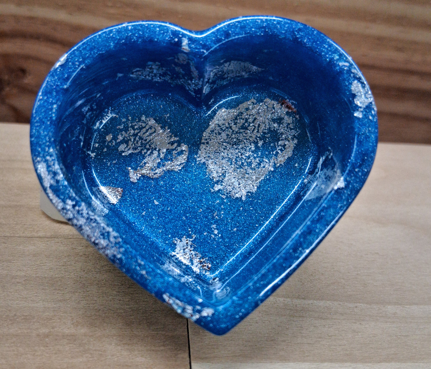 Handmade Resin Blue with Silver Tone Metal Leaf Accents Heart Dish Four Piece Set