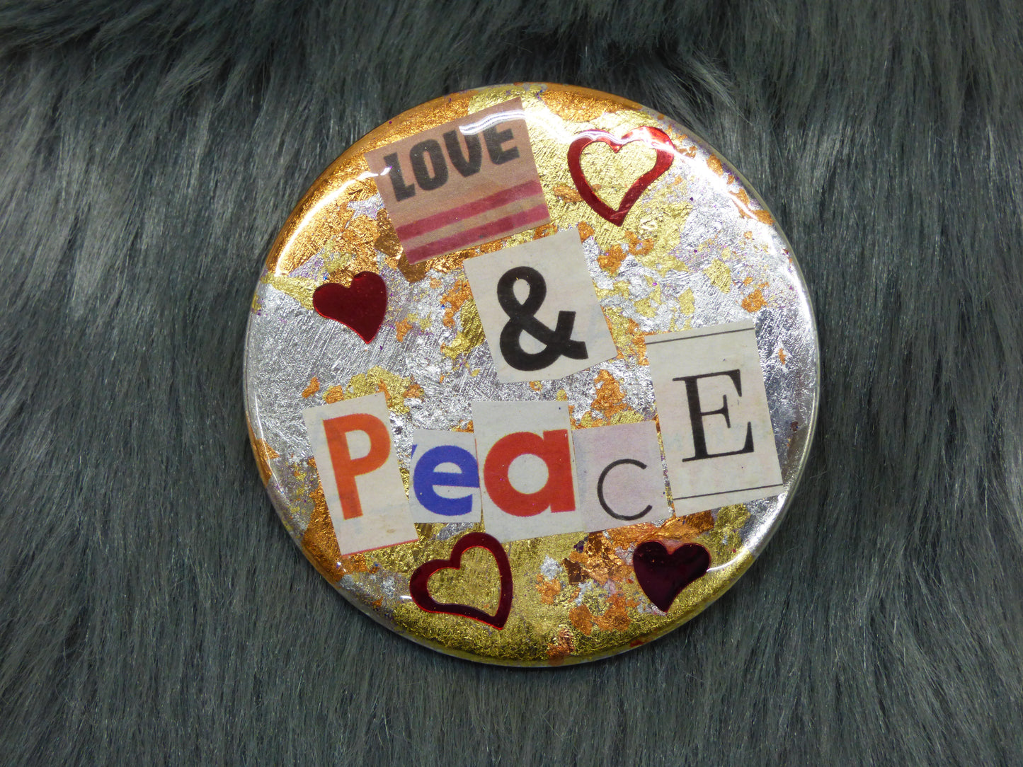 Love and Peace With Red Sequin Hearts Mixed Media 2.25" Button