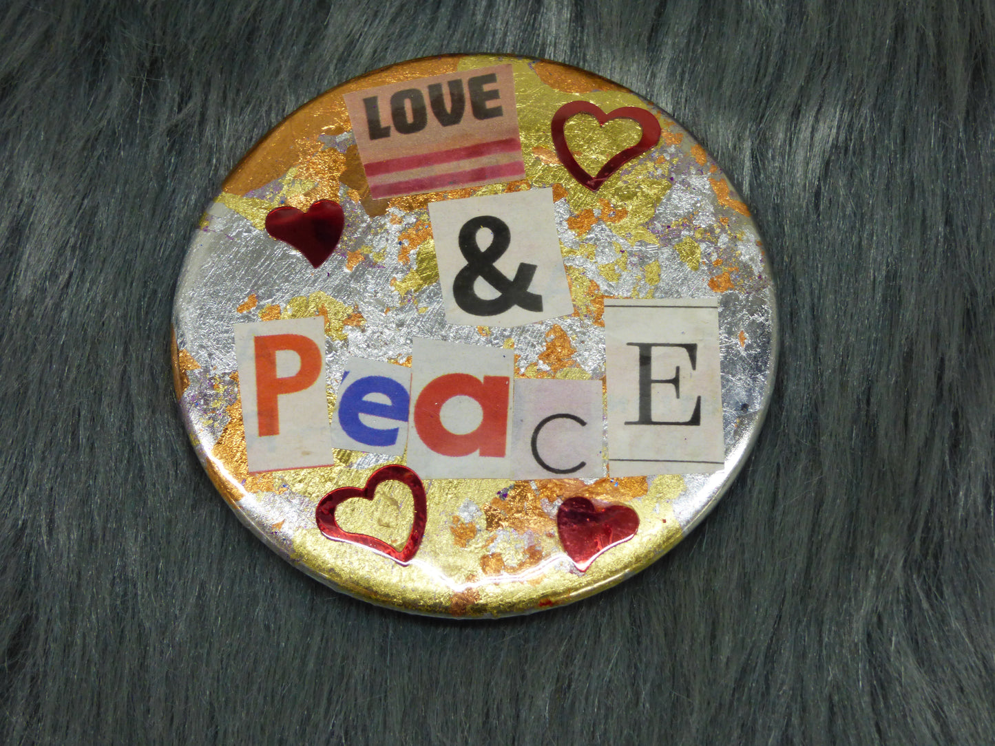 Love and Peace With Red Sequin Hearts Mixed Media 2.25" Button