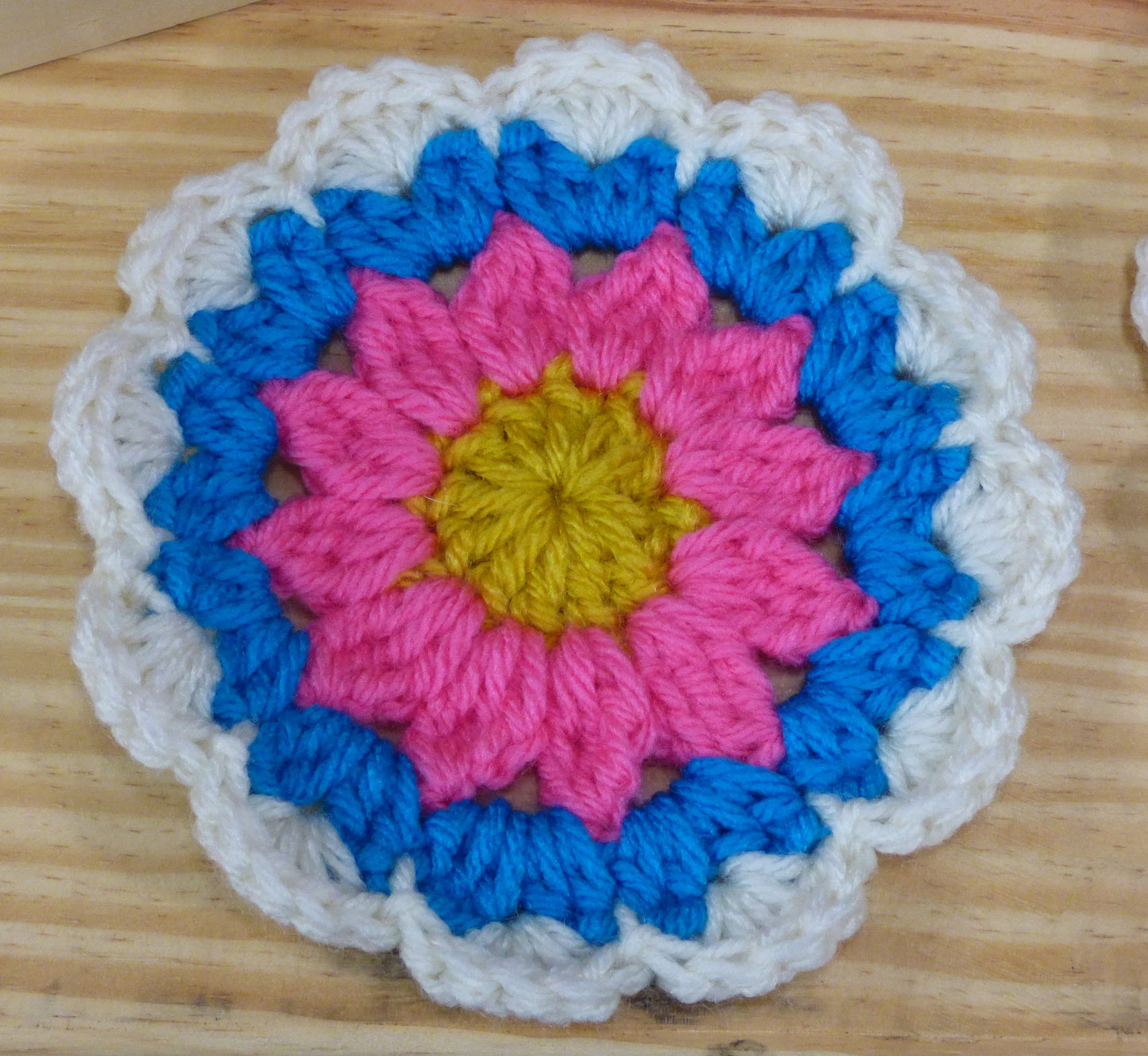 Hand Crocheted Coasters Four Piece Set  White, Blue, Pink, and Yellow