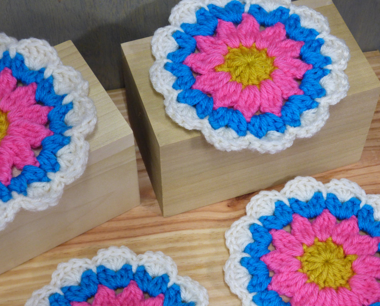 Hand Crocheted Coasters Four Piece Set  White, Blue, Pink, and Yellow