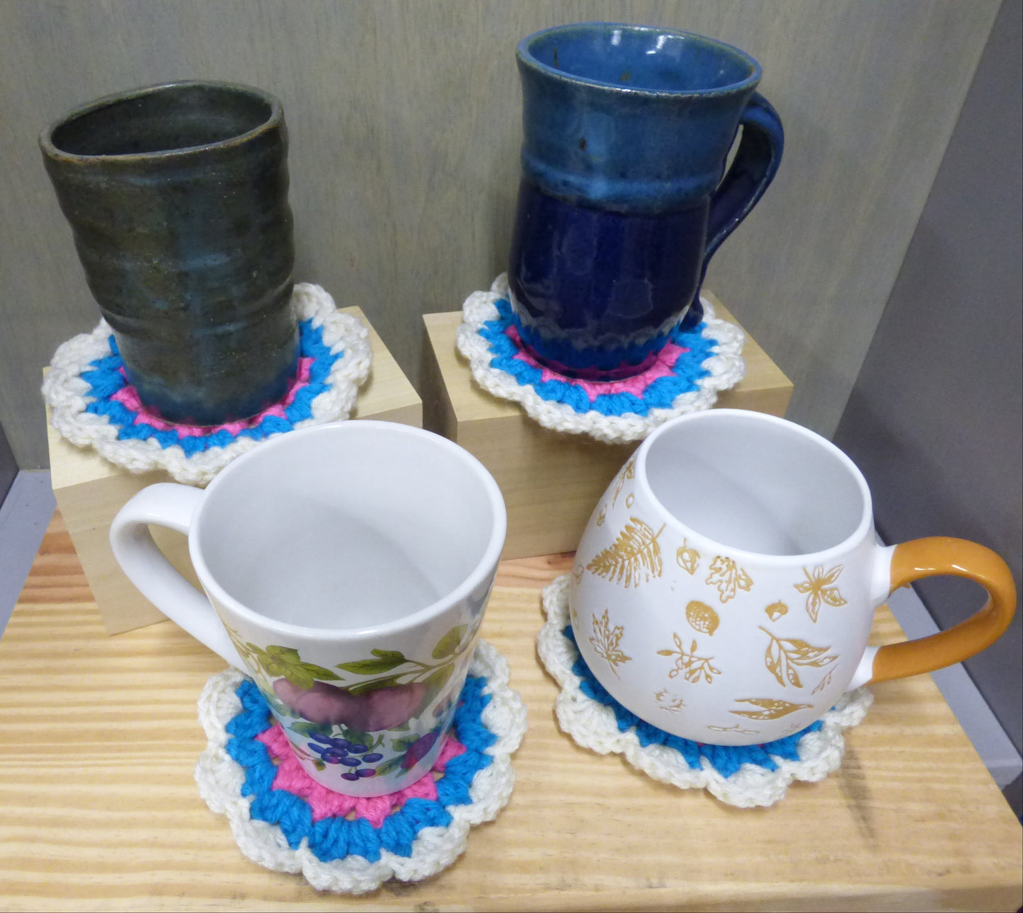 Hand Crocheted Coasters Four Piece Set  White, Blue, Pink, and Yellow