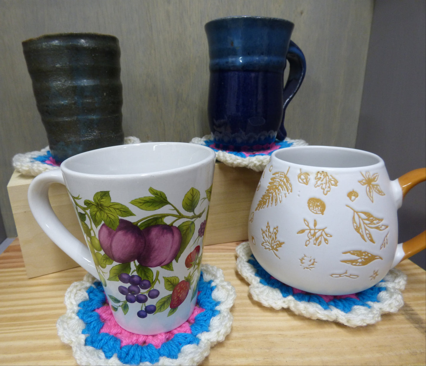 Hand Crocheted Coasters Four Piece Set  White, Blue, Pink, and Yellow