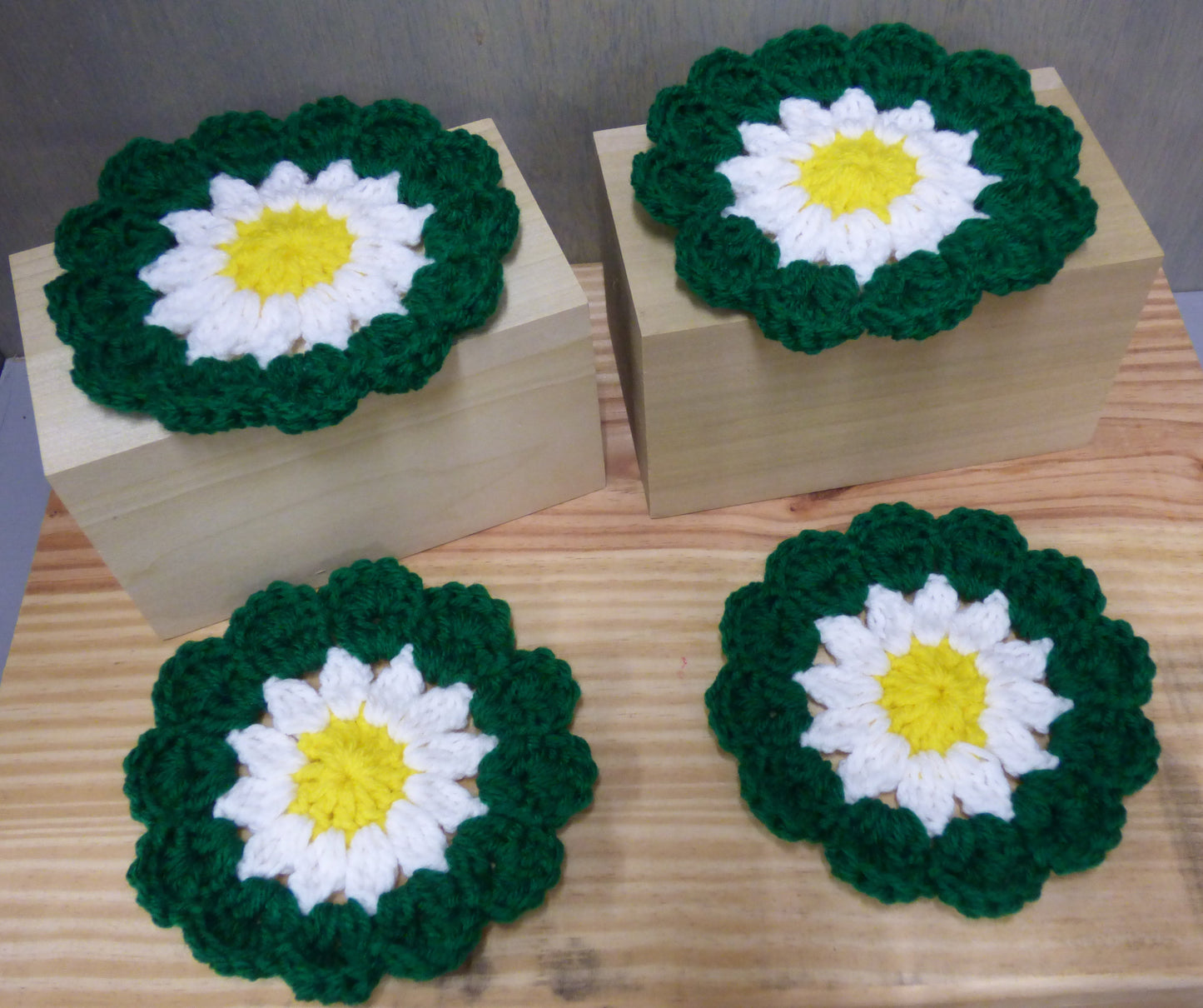 Hand Crocheted Coasters Four Piece Set  Green, White, and Yellow