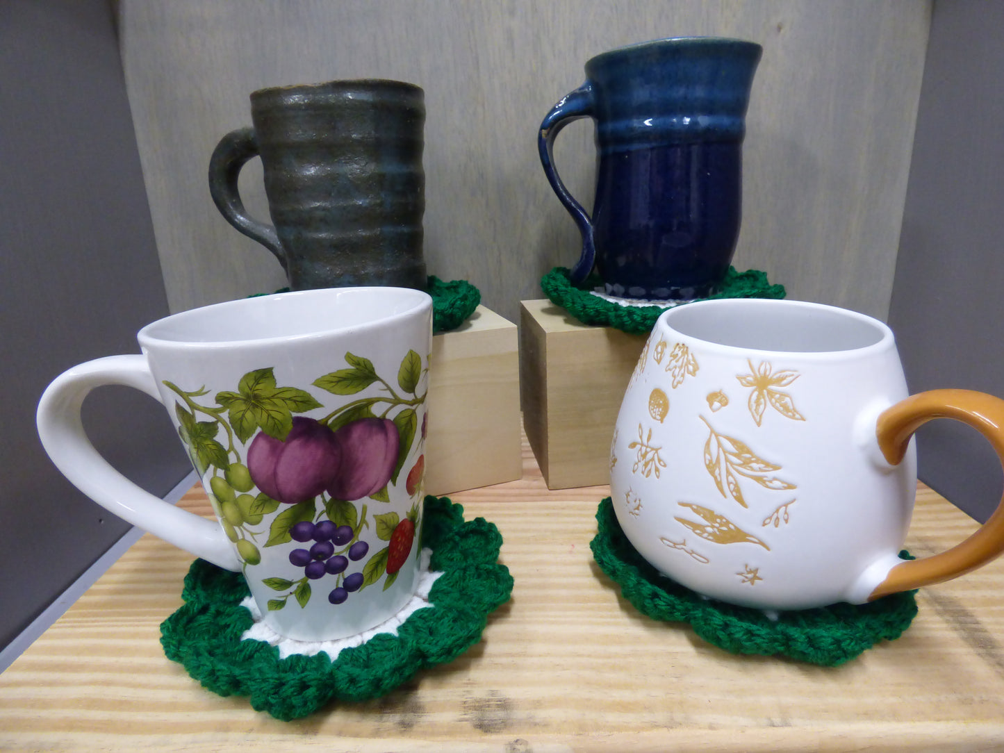 Hand Crocheted Coasters Four Piece Set  Green, White, and Yellow