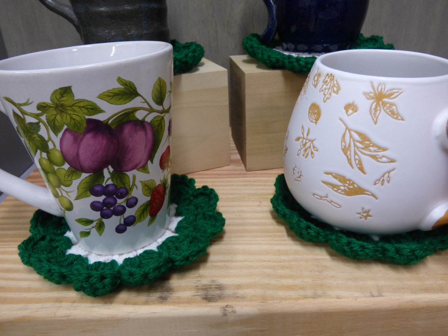 Hand Crocheted Coasters Four Piece Set  Green, White, and Yellow