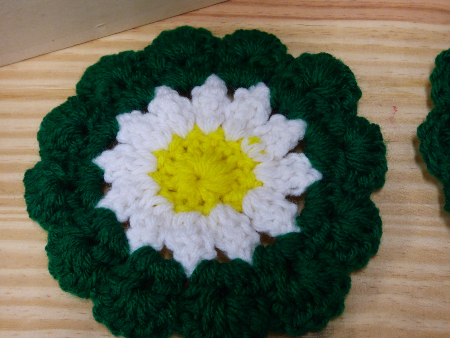Hand Crocheted Coasters Four Piece Set  Green, White, and Yellow