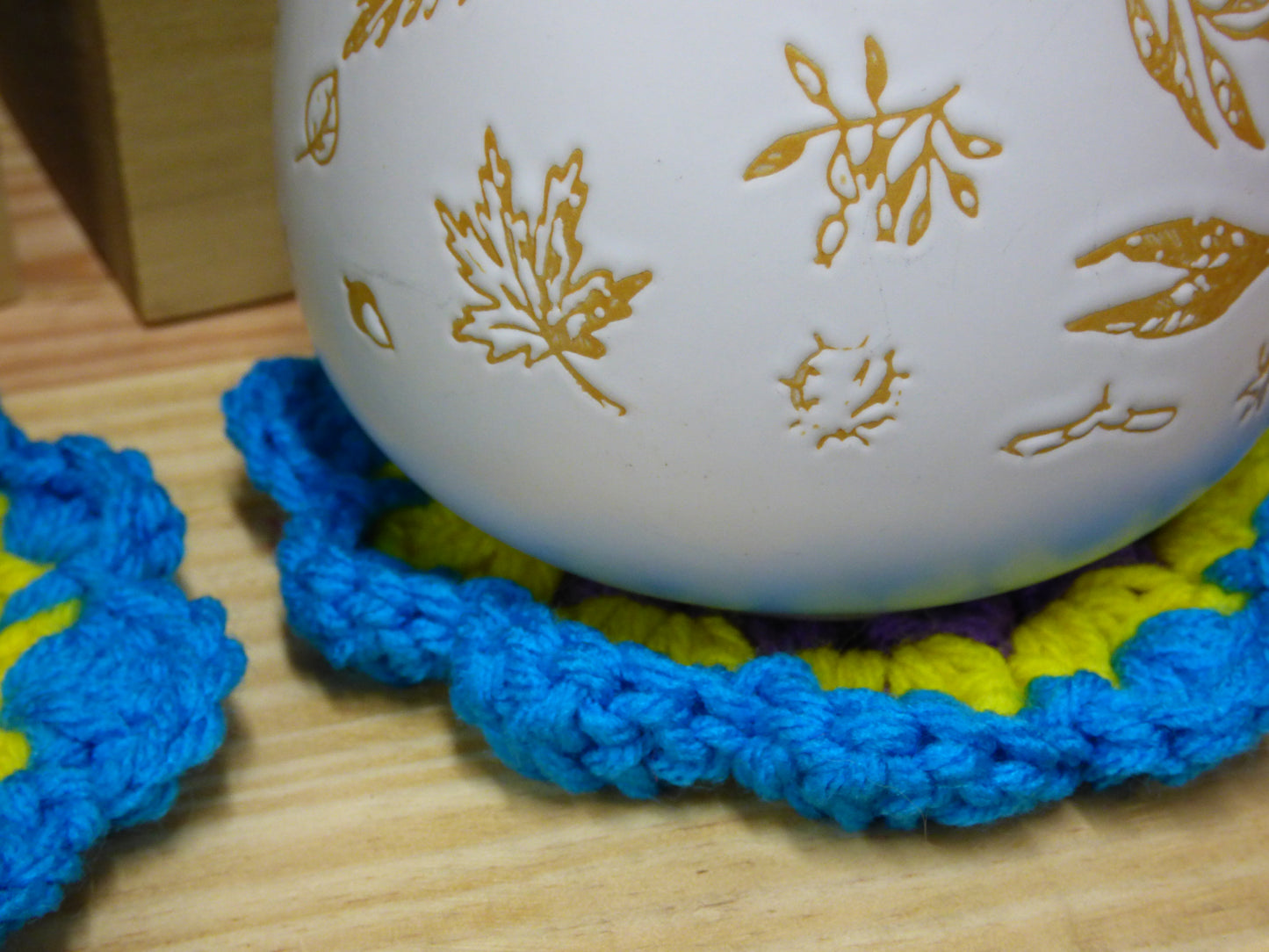 Hand Crocheted Coasters Four Piece Set  Blue, Yellow, Purple, and Red