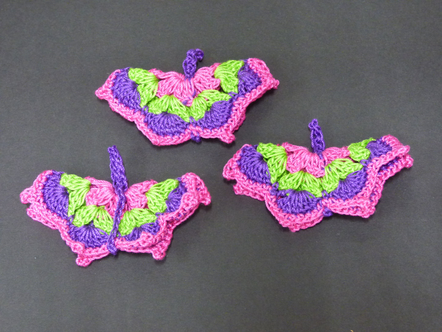 Hand Crocheted Butterfly Applique 3 Piece Set Pink, Purple, and Green