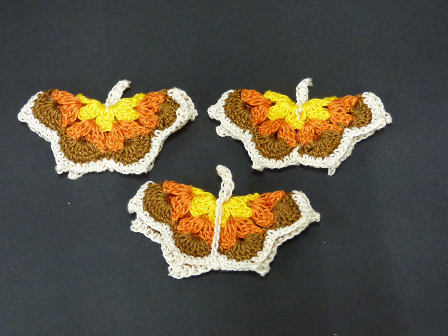 Hand Crocheted Butterfly Applique 3 Piece Set Brown, Yellow, Orange, and White