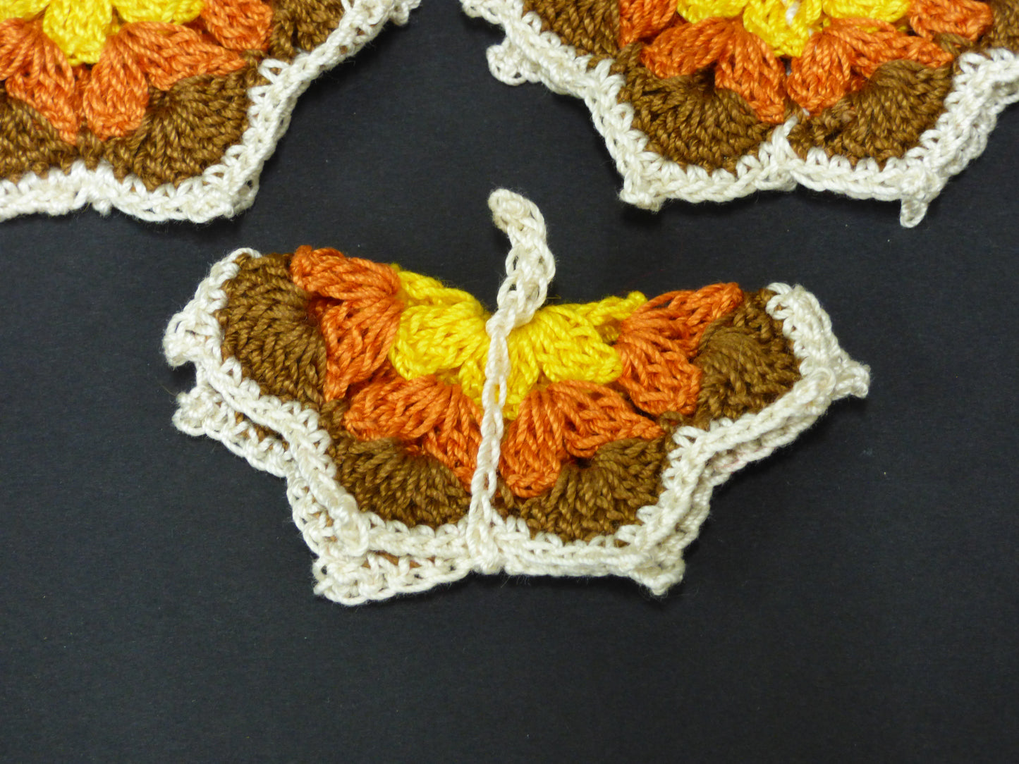 Hand Crocheted Butterfly Applique 3 Piece Set Brown, Yellow, Orange, and White