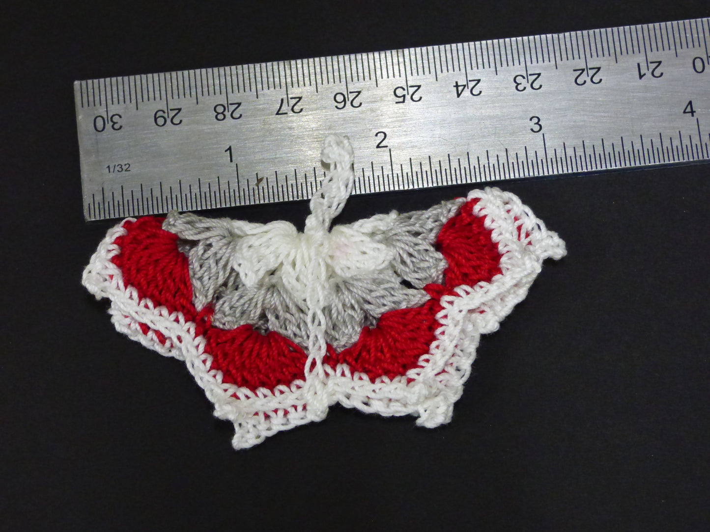 Hand Crocheted Butterfly Applique 3 Piece Set Red, Gray, and White