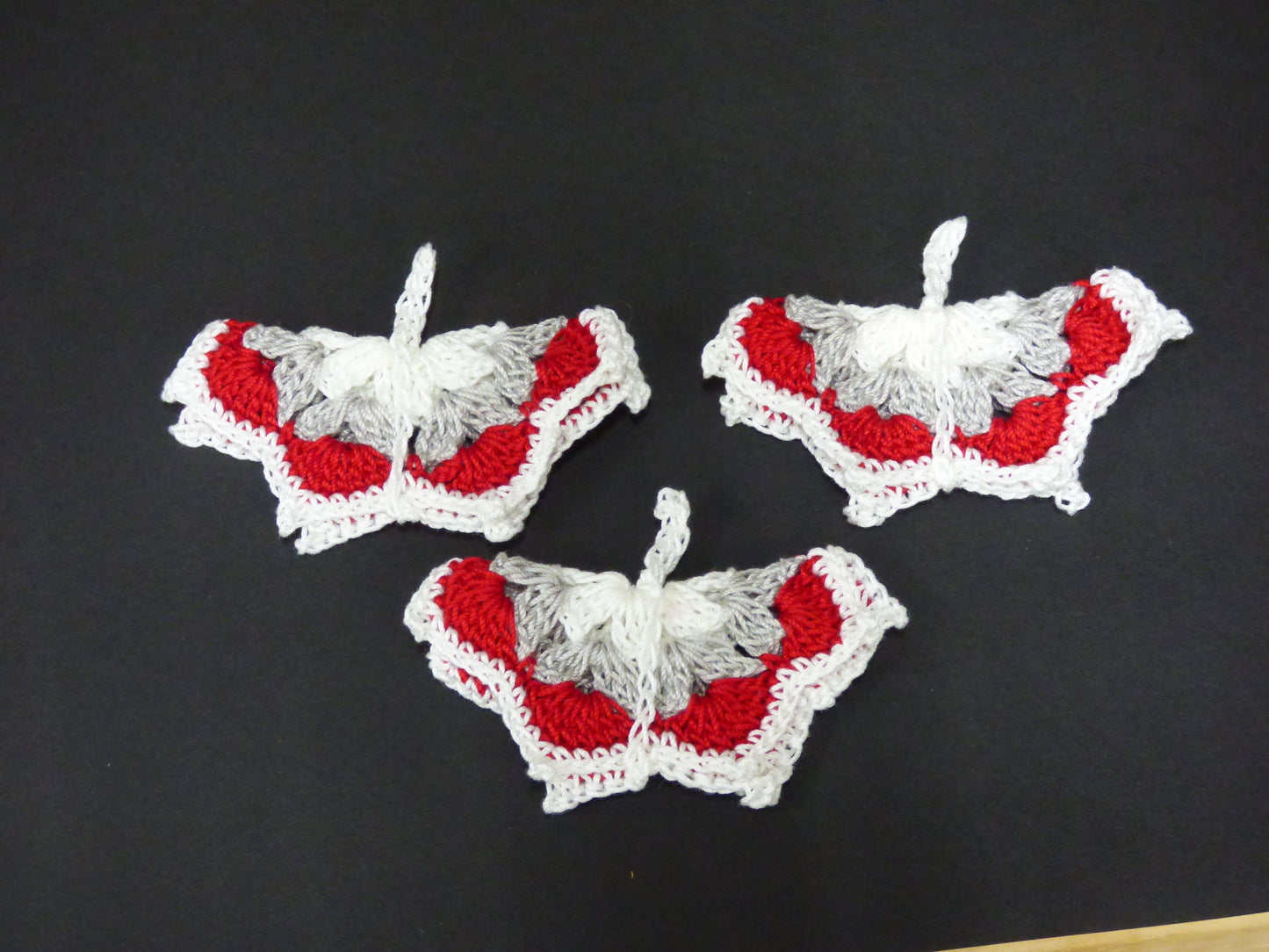 Hand Crocheted Butterfly Applique 3 Piece Set Red, Gray, and White