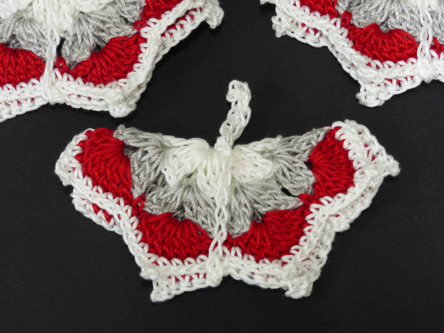 Hand Crocheted Butterfly Applique 3 Piece Set Red, Gray, and White