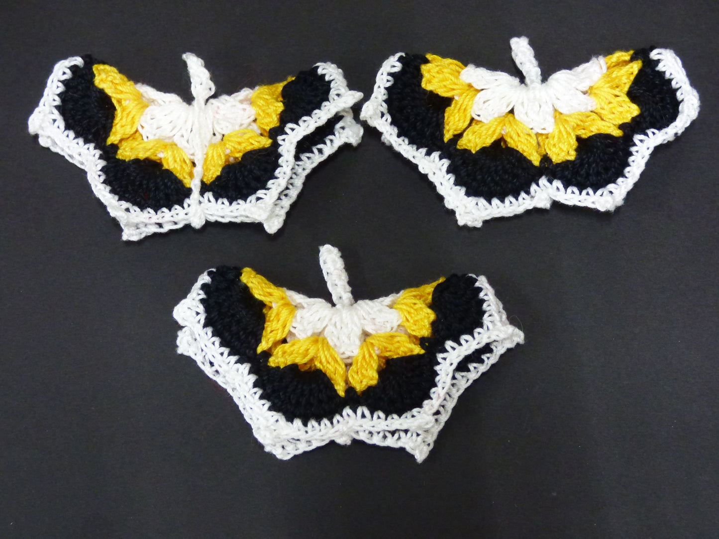 Hand Crocheted Butterfly Applique 3 Piece Set Black, Gold, and White