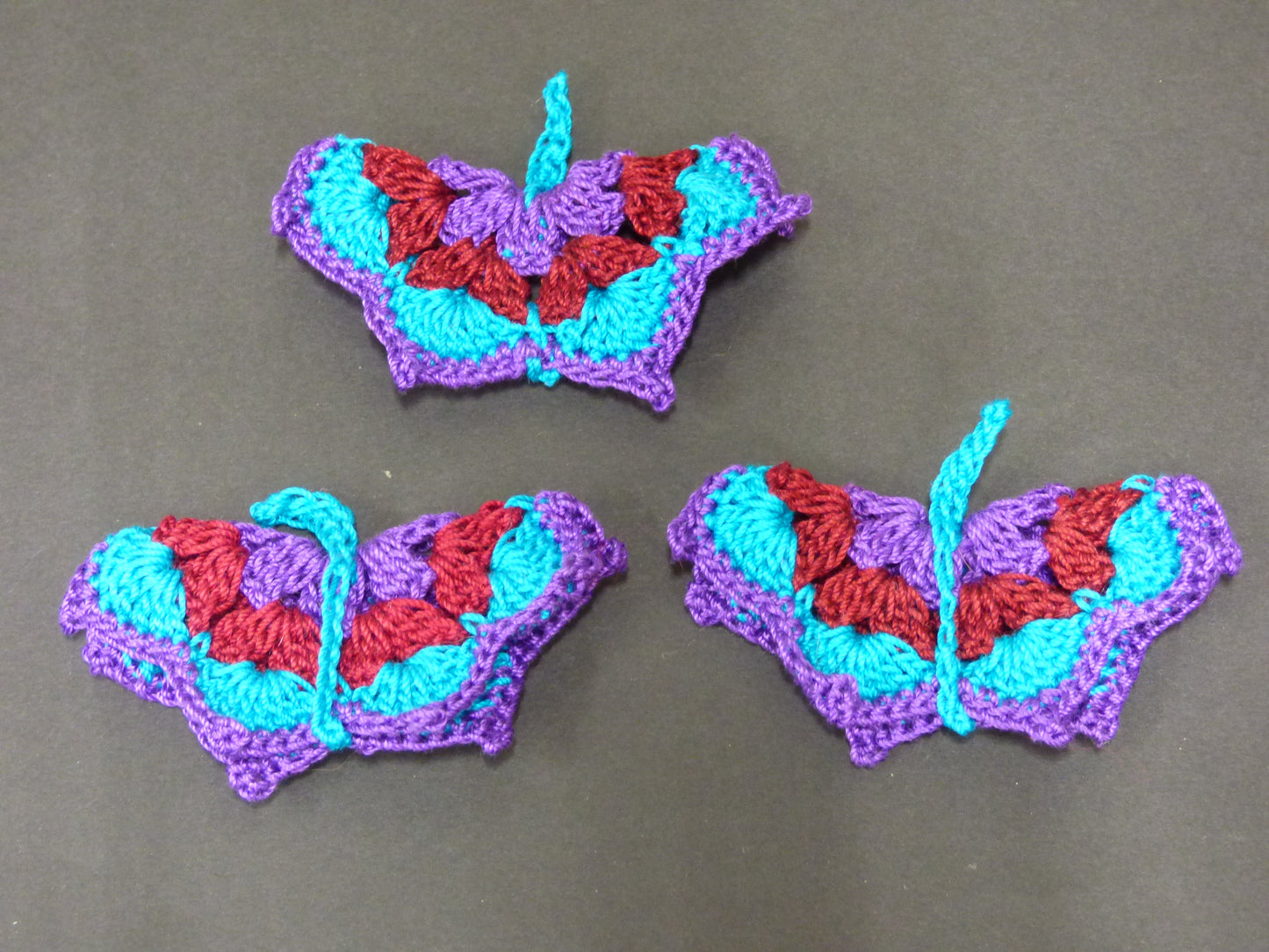 Hand Crocheted Butterfly Applique 3 Piece Set Purple, Turquoise, and Burgundy