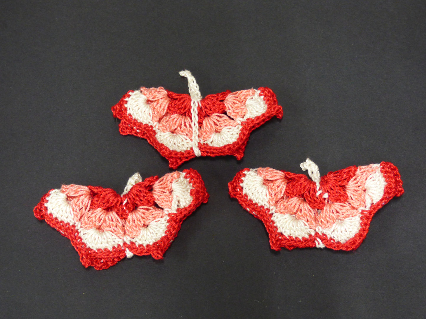 Hand Crocheted Butterfly Applique 3 Piece Set White, Red, and Pink