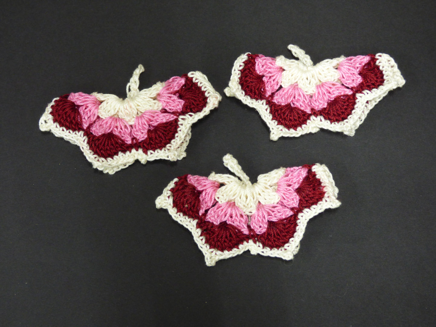 Hand Crocheted Butterfly Applique 3 Piece Set Pink, Burgundy, and Cream
