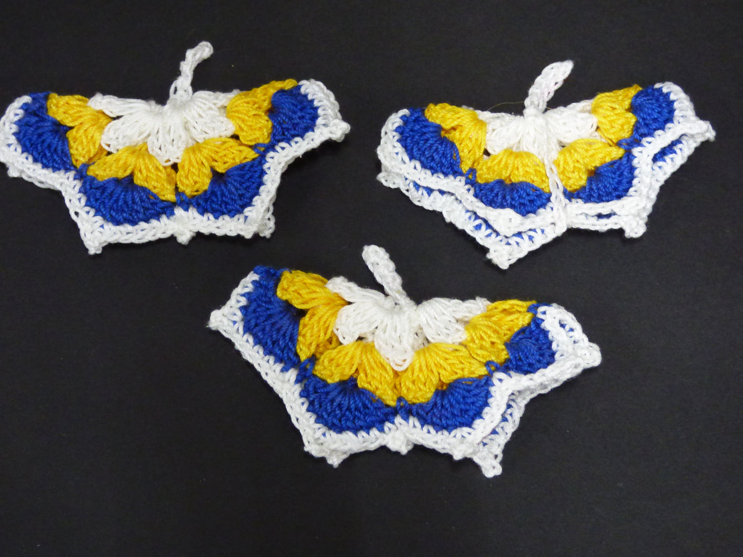 Hand Crocheted Butterfly Applique 3 Piece Set White, Yellow, and Blue