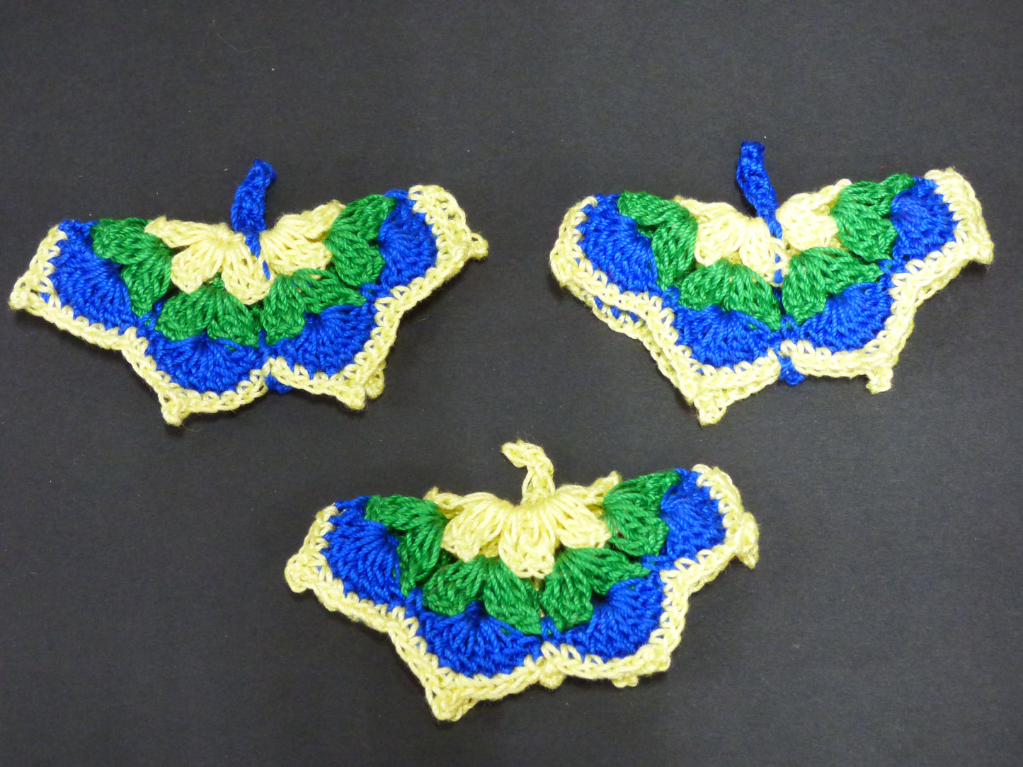 Hand Crocheted Butterfly Applique 3 Piece Set Blue, Green, and Yellow