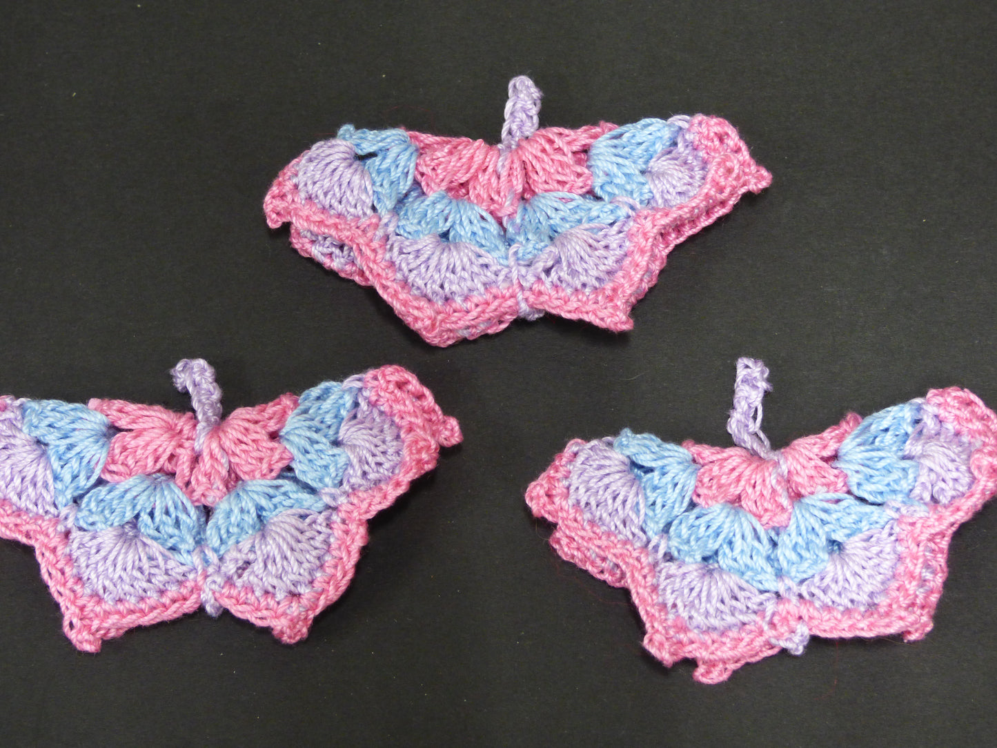 Hand Crocheted Butterfly Applique 3 Piece Set Pink, Purple, and Blue