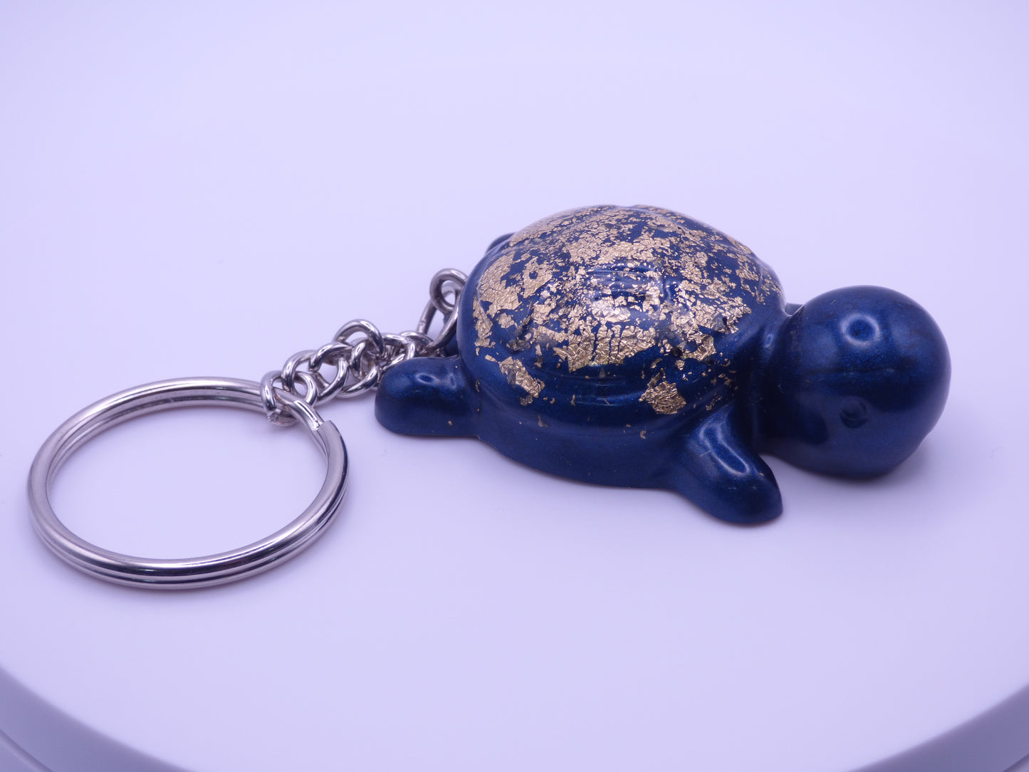 Handmade Resin Mini Turtle Keychain Navy Blue with Gold Tone Metal Leaf