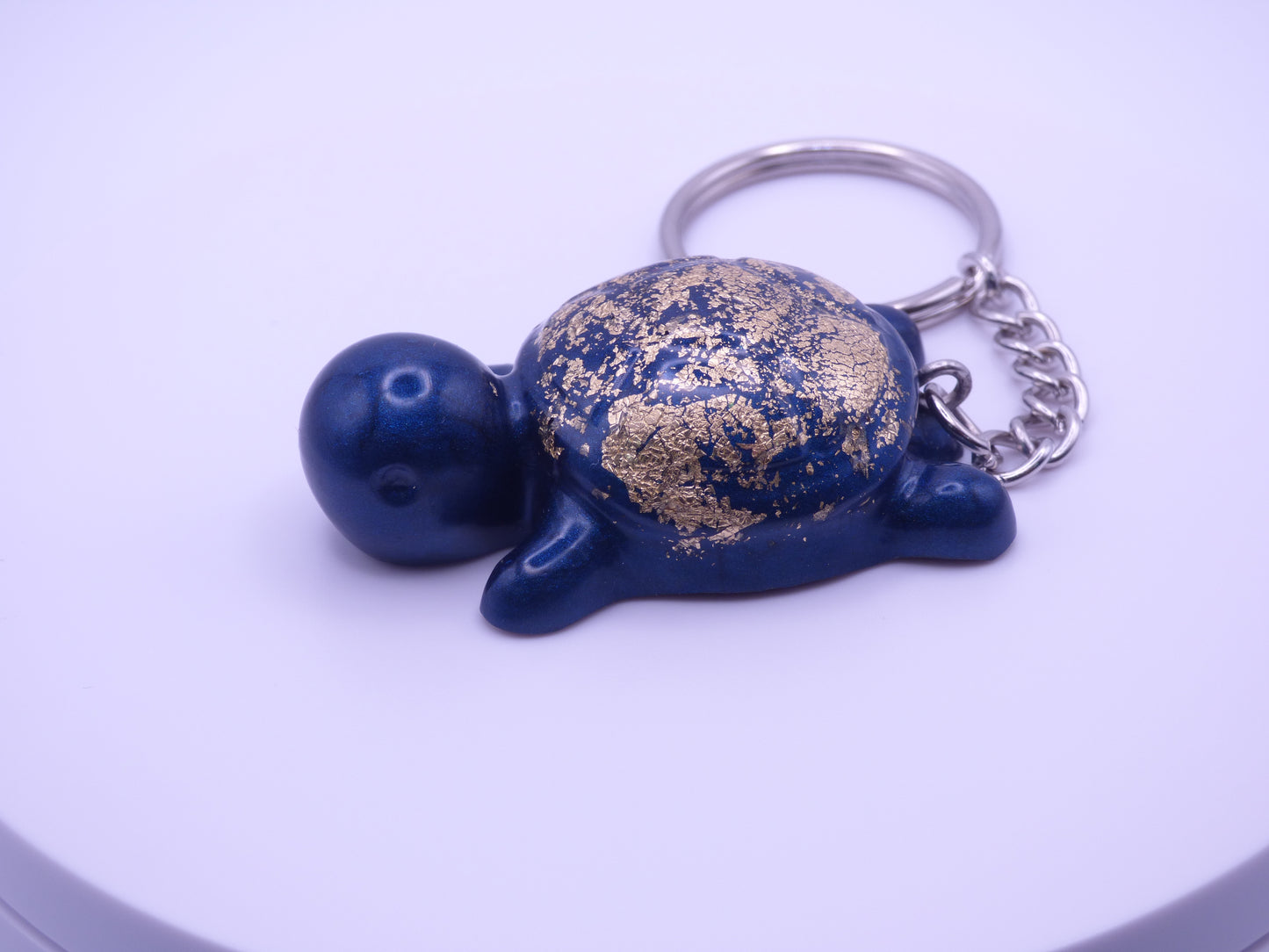 Handmade Resin Mini Turtle Keychain Navy Blue with Gold Tone Metal Leaf