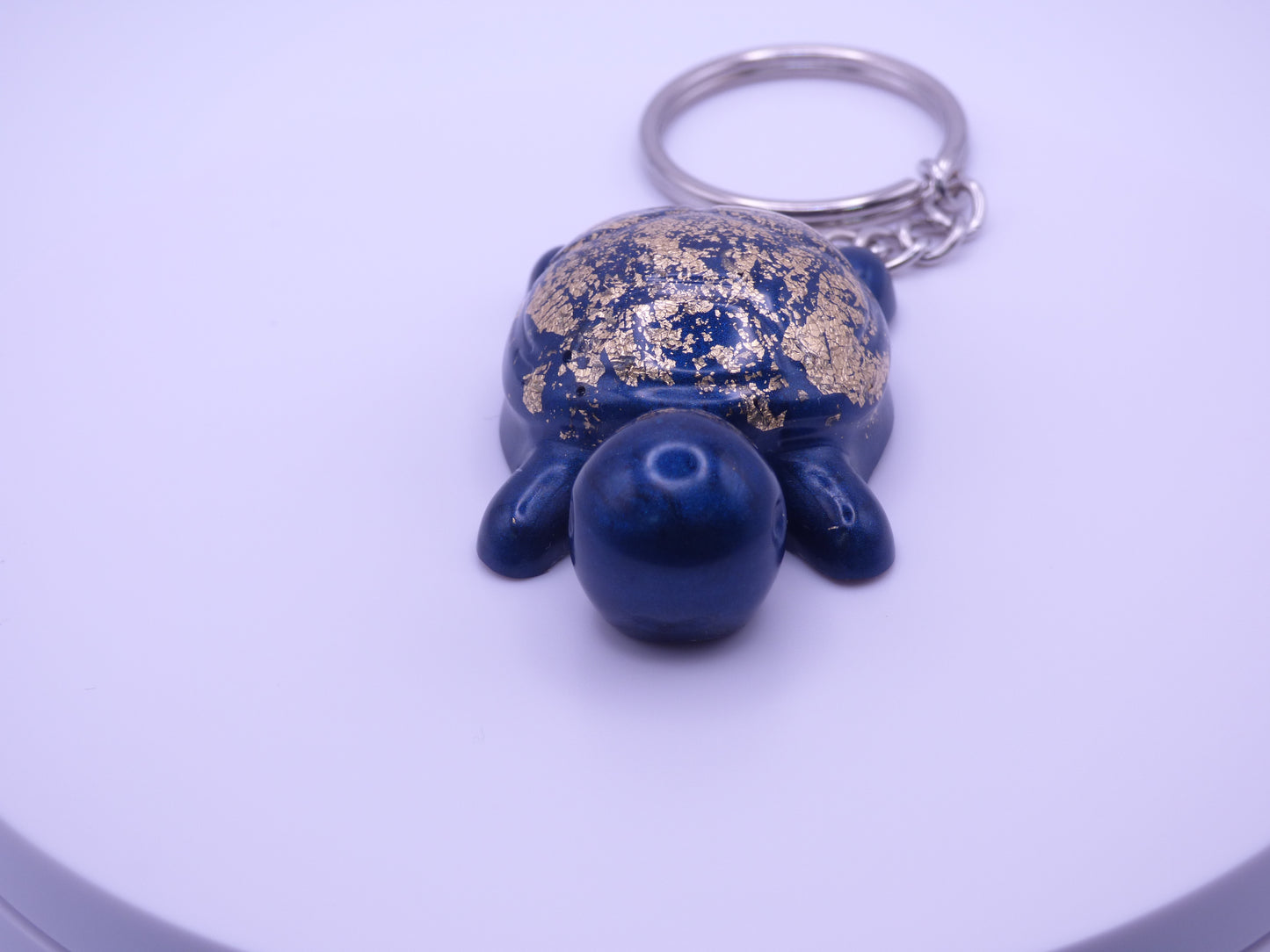 Handmade Resin Mini Turtle Keychain Navy Blue with Gold Tone Metal Leaf