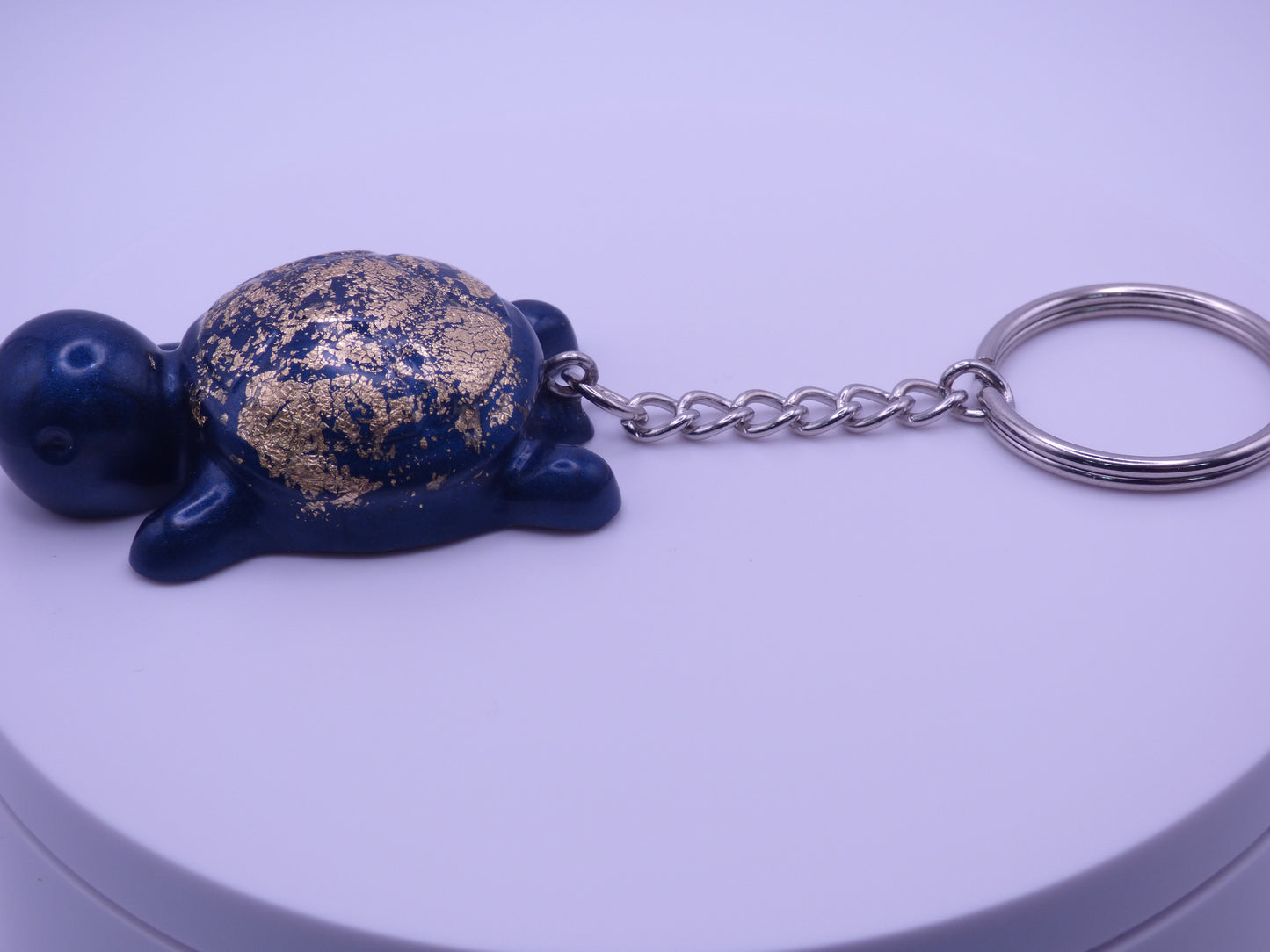 Handmade Resin Mini Turtle Keychain Navy Blue with Gold Tone Metal Leaf